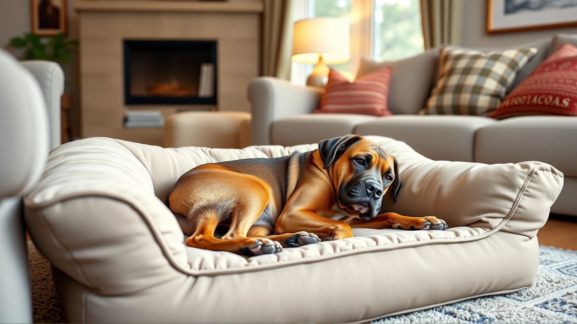 Cozy living room scene with a large orthopedic dog bed where an older dog is resting comfortably, soft lighting, no text on image