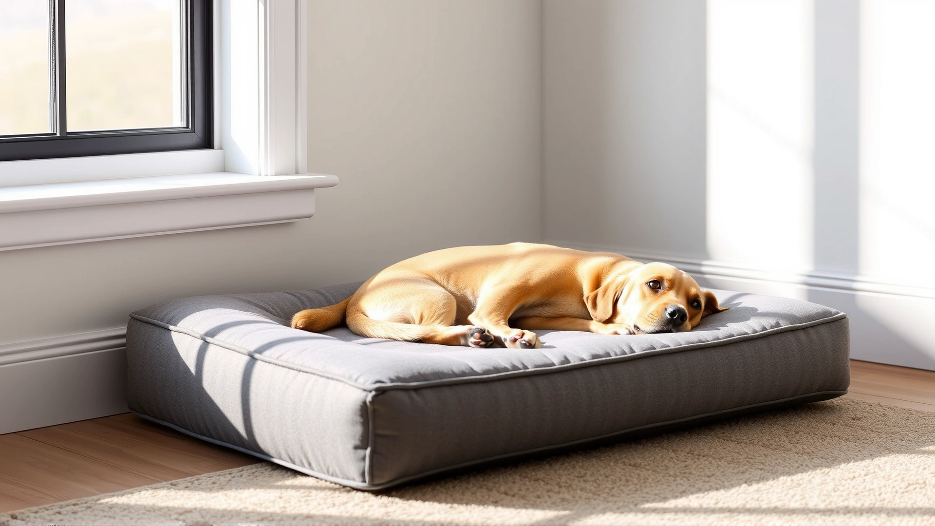 Orthopedic memory foam dog bed with a gray cover positioned next to a window with soft sunlight.