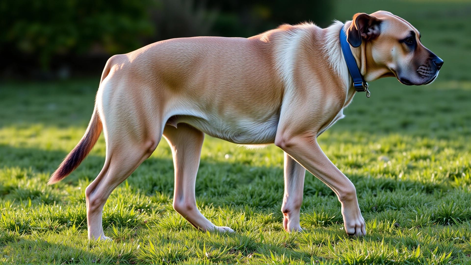 Elderly Mastiff walking slowly on lush grass in soft afternoon light, demonstrating joint stiffness, no text.