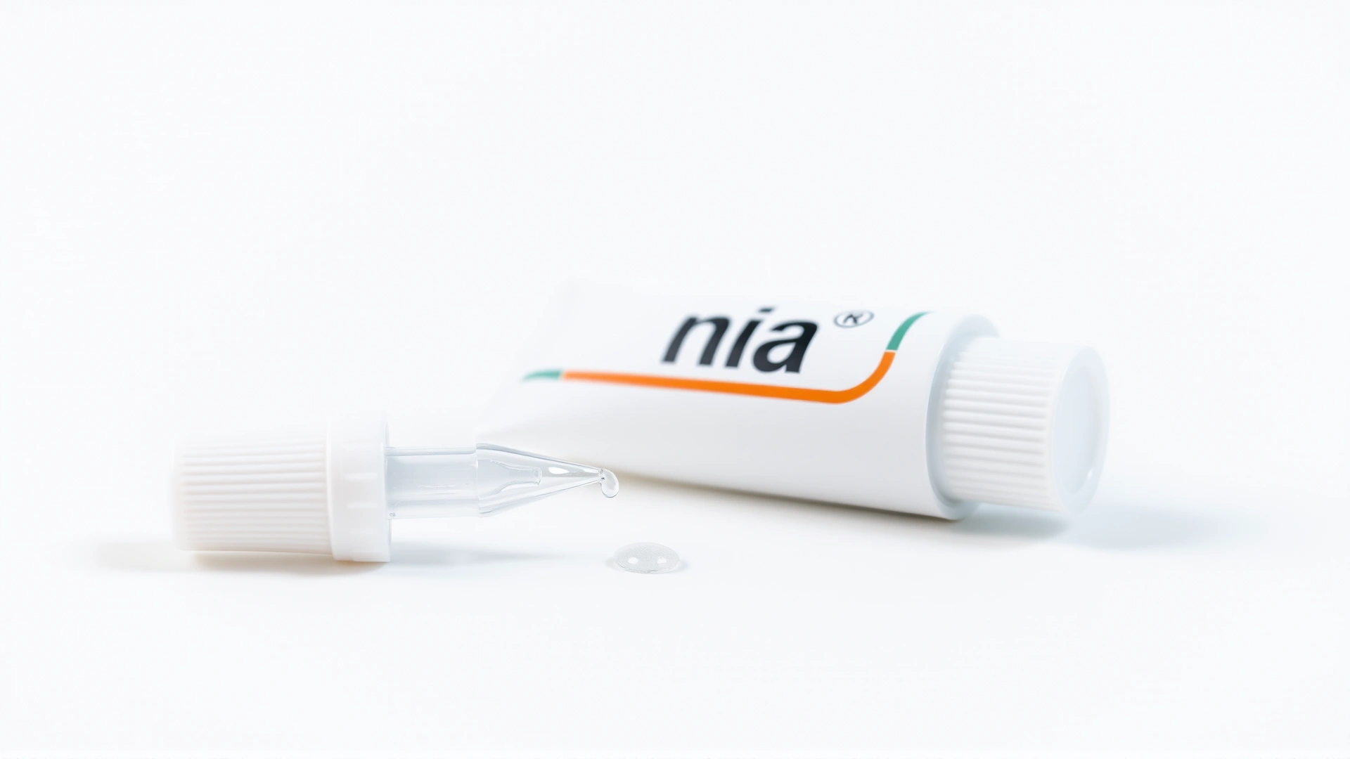 High-resolution studio image of an Osurnia ear gel tube with cap off, a small droplet of clear gel at the tip, photographed on a clean white background