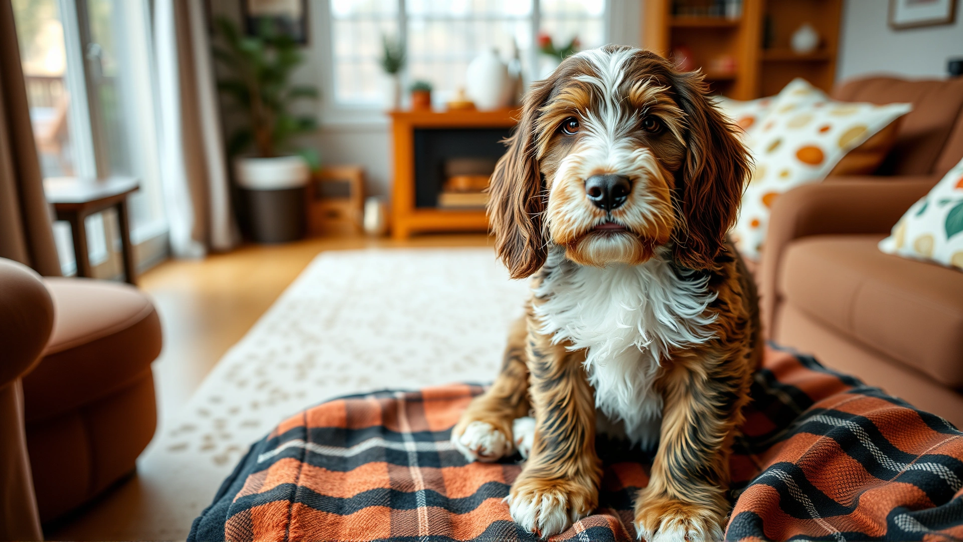 Adorable Otterhound puppy sitting on a plaid blanket inside a cozy living room