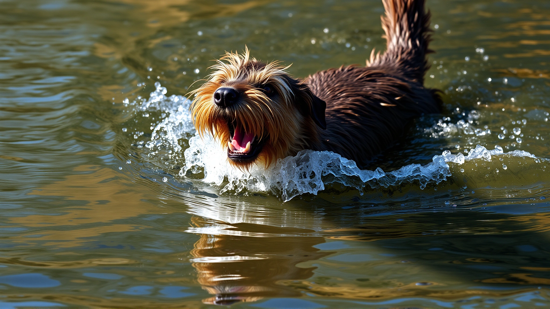Otterhound swimming energetically in a clear river, head just above the water creating splashes