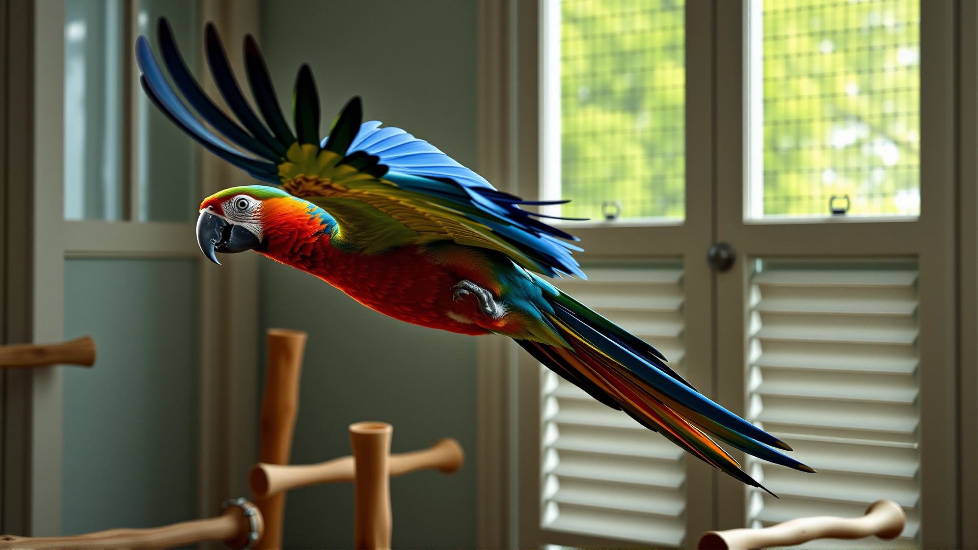 Parrot flying freely in a bird-safe room with windows closed and perches placed around for landing.