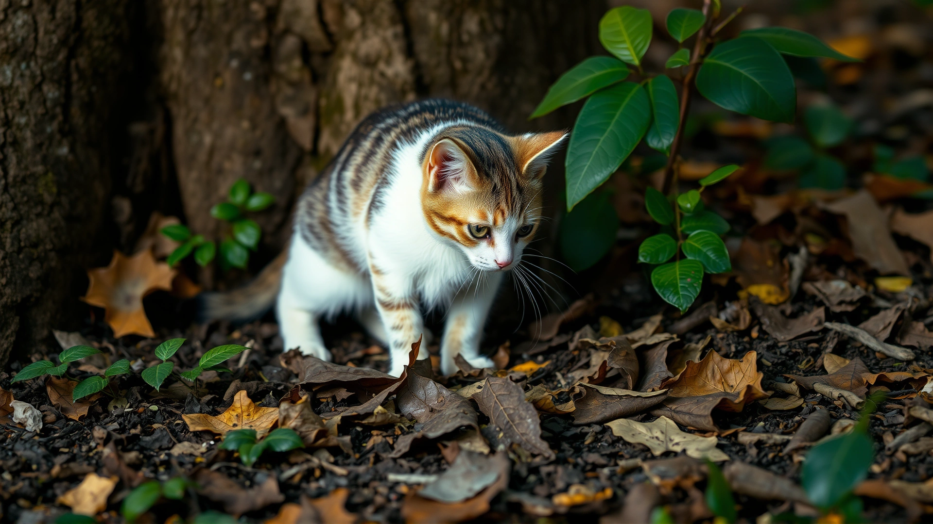 A cat exploring leaf-covered soil near a tree trunk, representing exposure to contaminated environments.