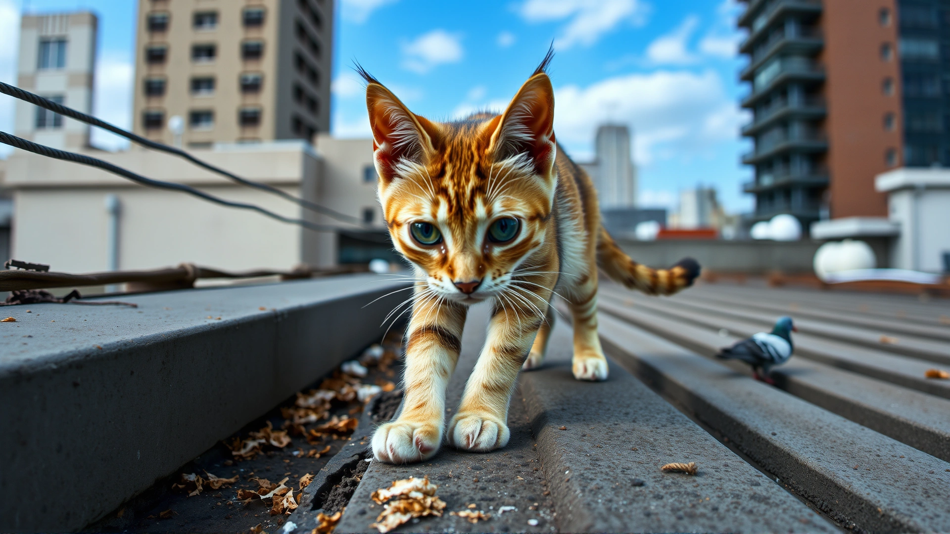 Cat exploring an urban rooftop environment with pigeon droppings visible in the background, emphasizing environmental risk.