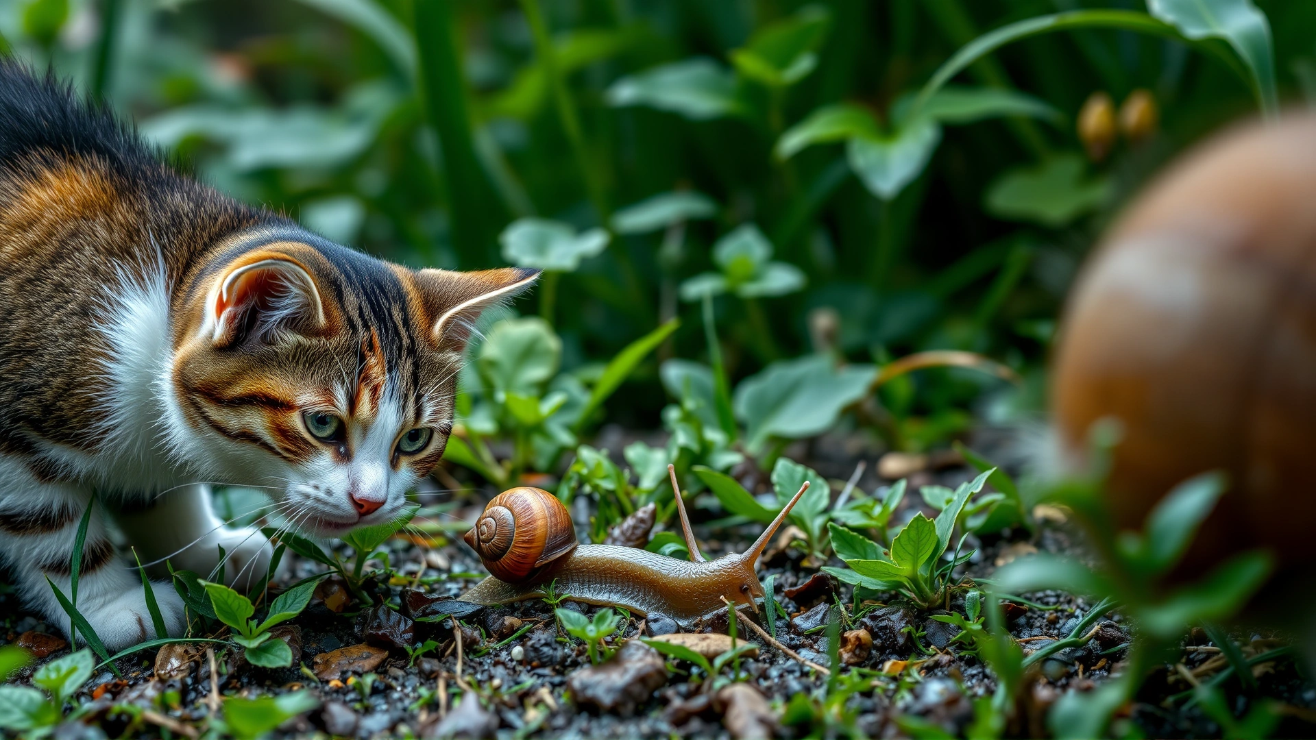 An adventurous cat stalking a snail in a fresh garden after rain, green foliage and natural lighting, no text