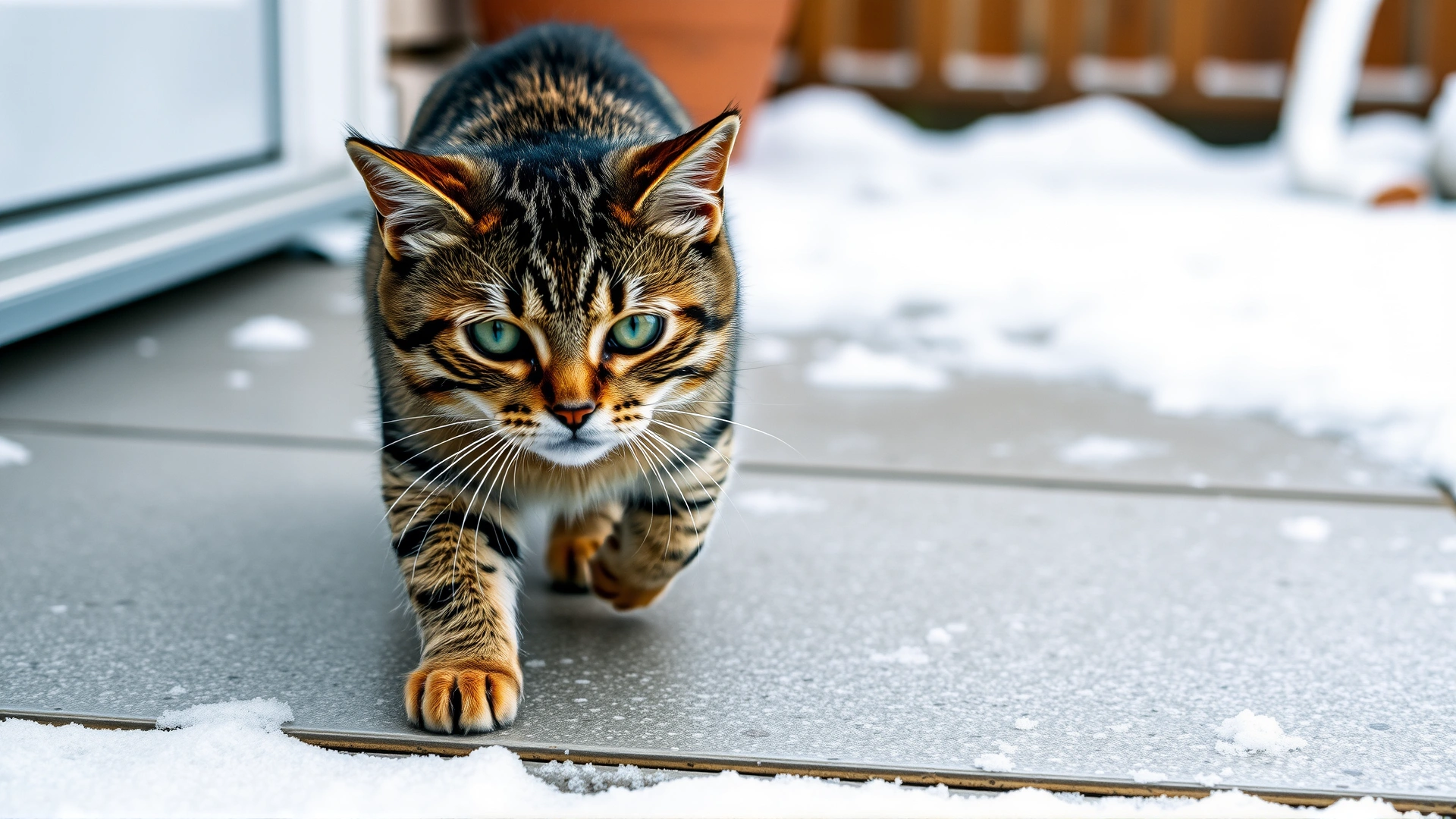 Short-haired tabby cat cautiously walking on a snow-covered patio with visible paw prints, giving a sense of chilly weather.