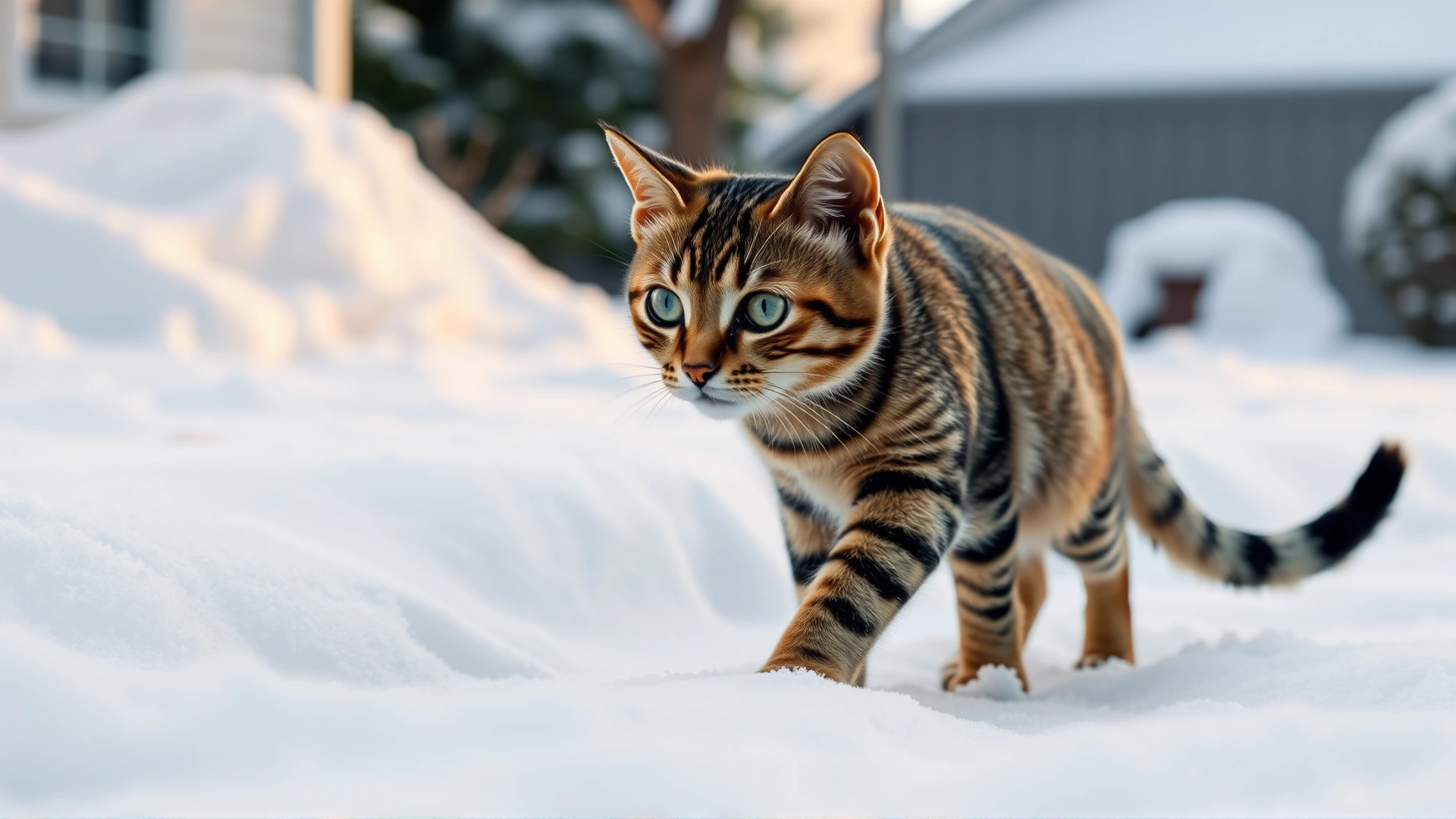 A short-haired tabby cat walking cautiously through fresh snow in a suburban backyard.