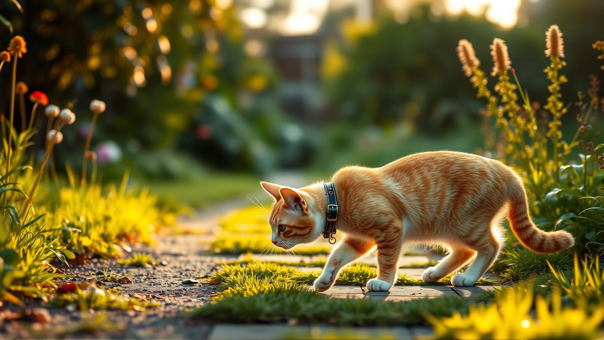 Orange and white cat exploring a garden path at golden hour while wearing a tick collar; soft warm sunlight, lush greenery