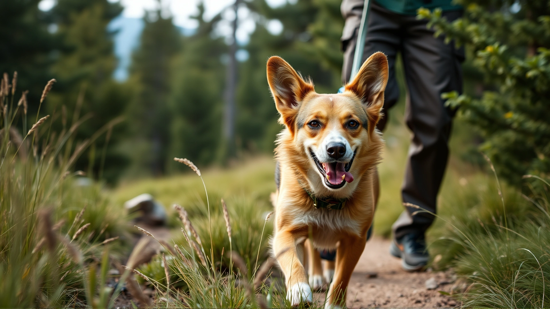 Dog on a hiking trail with its owner, surrounded by trees and tall grass, looking energetic and protected