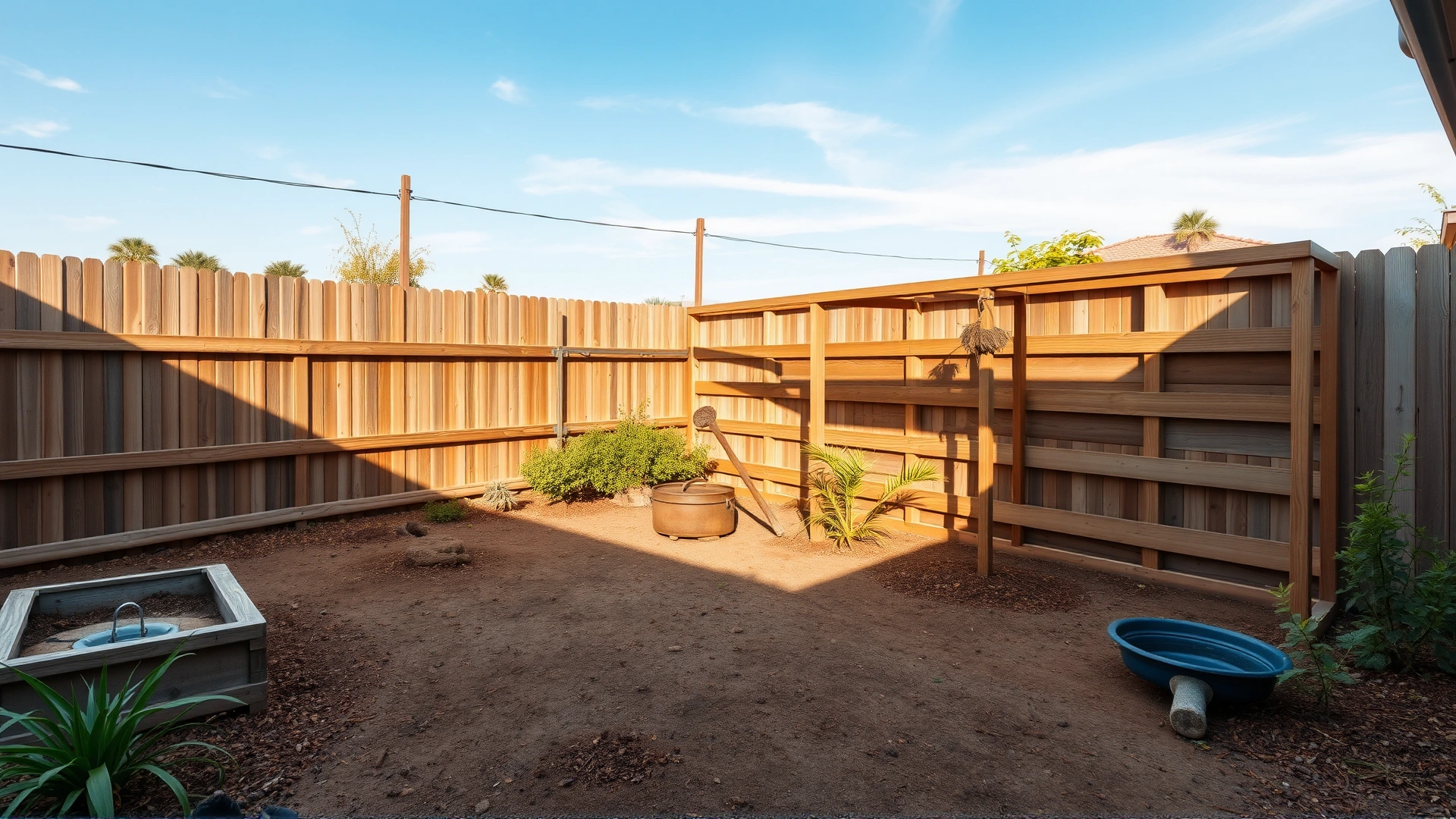 Spacious, well-constructed outdoor tortoise enclosure in a backyard: secure wooden fencing, shelter box, shallow water dish, live plants, and shaded areas under a clear sky.