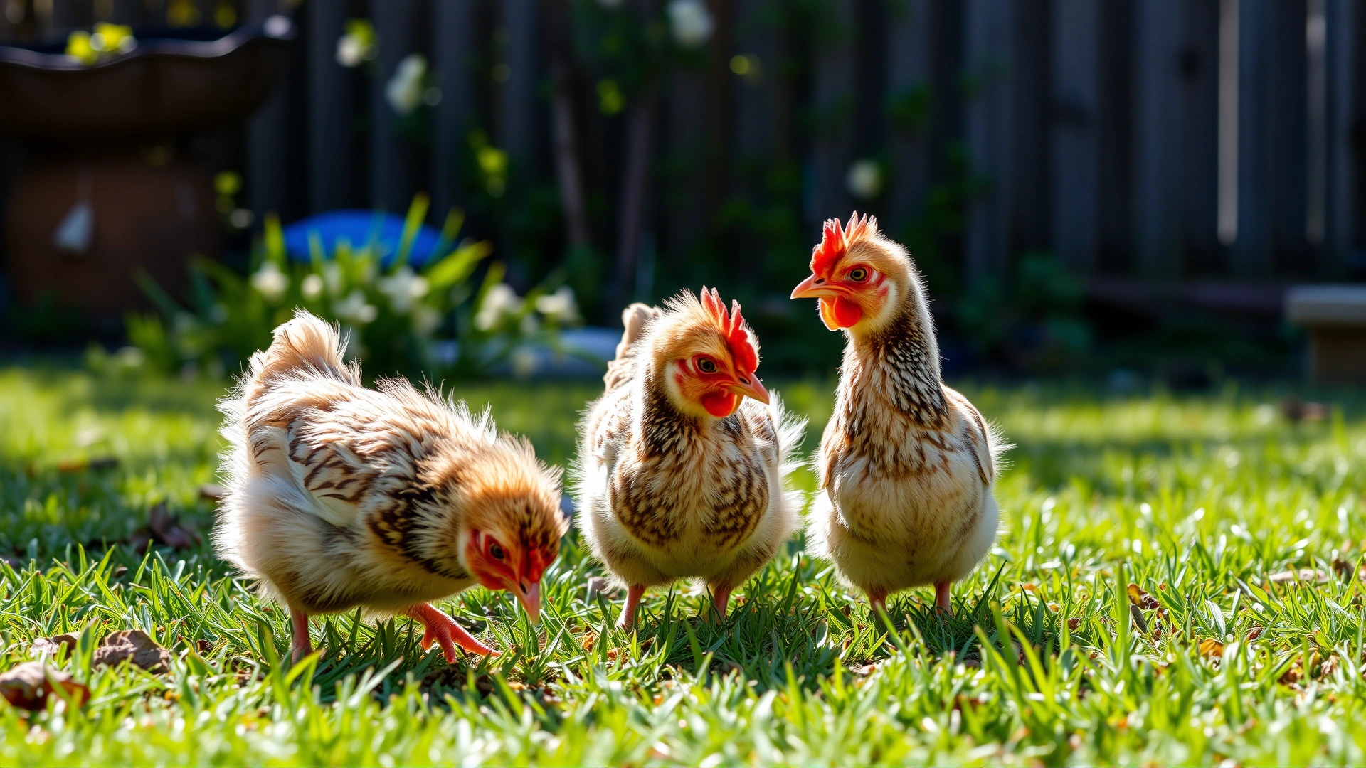 Three juvenile chickens with emerging feathers exploring a grassy backyard on a sunny spring day