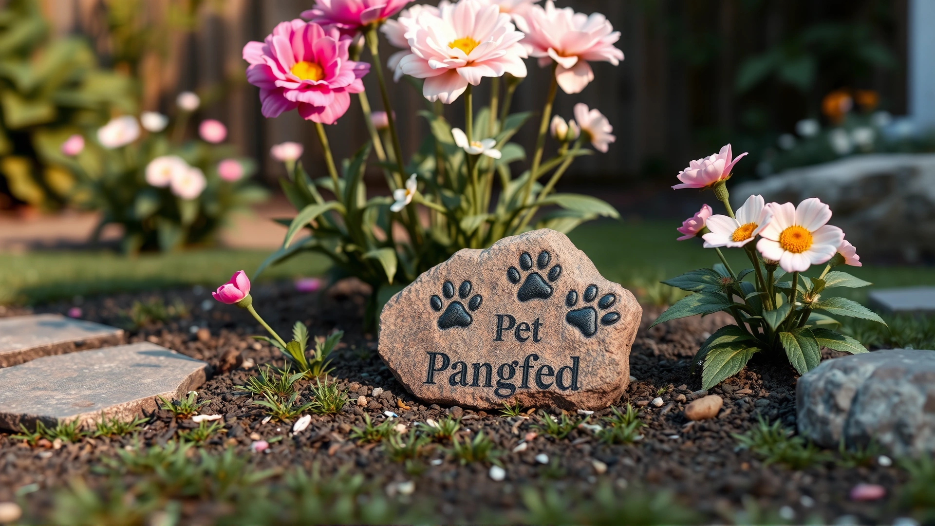 An outdoor pet memorial setup: a small engraved stone with paw prints beside blooming flowers in a quiet backyard.