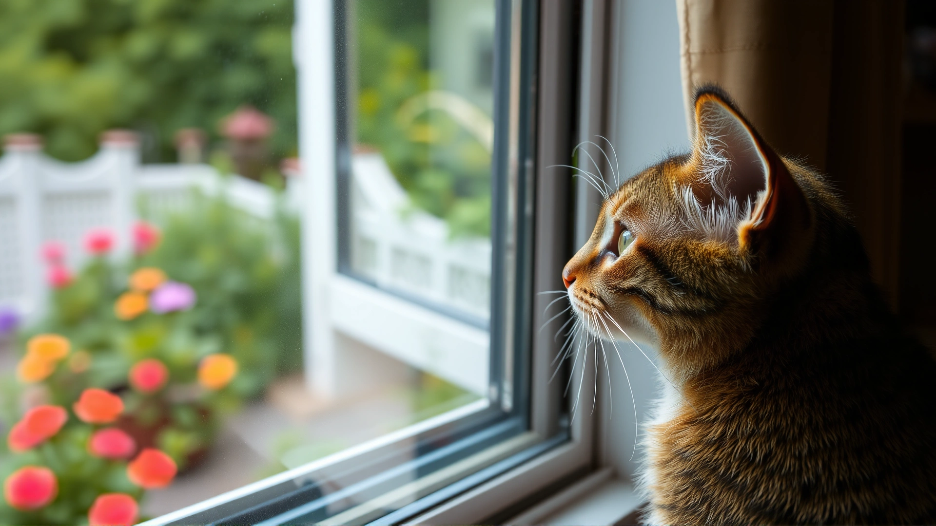 Indoor cat gazing out of a window at a garden, illustrating safe indoor life with outdoor view.