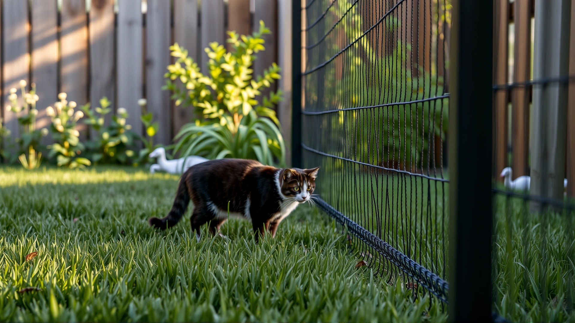 A backyard scene with cat-proof fencing and lush grass where a cat safely explores under supervision.