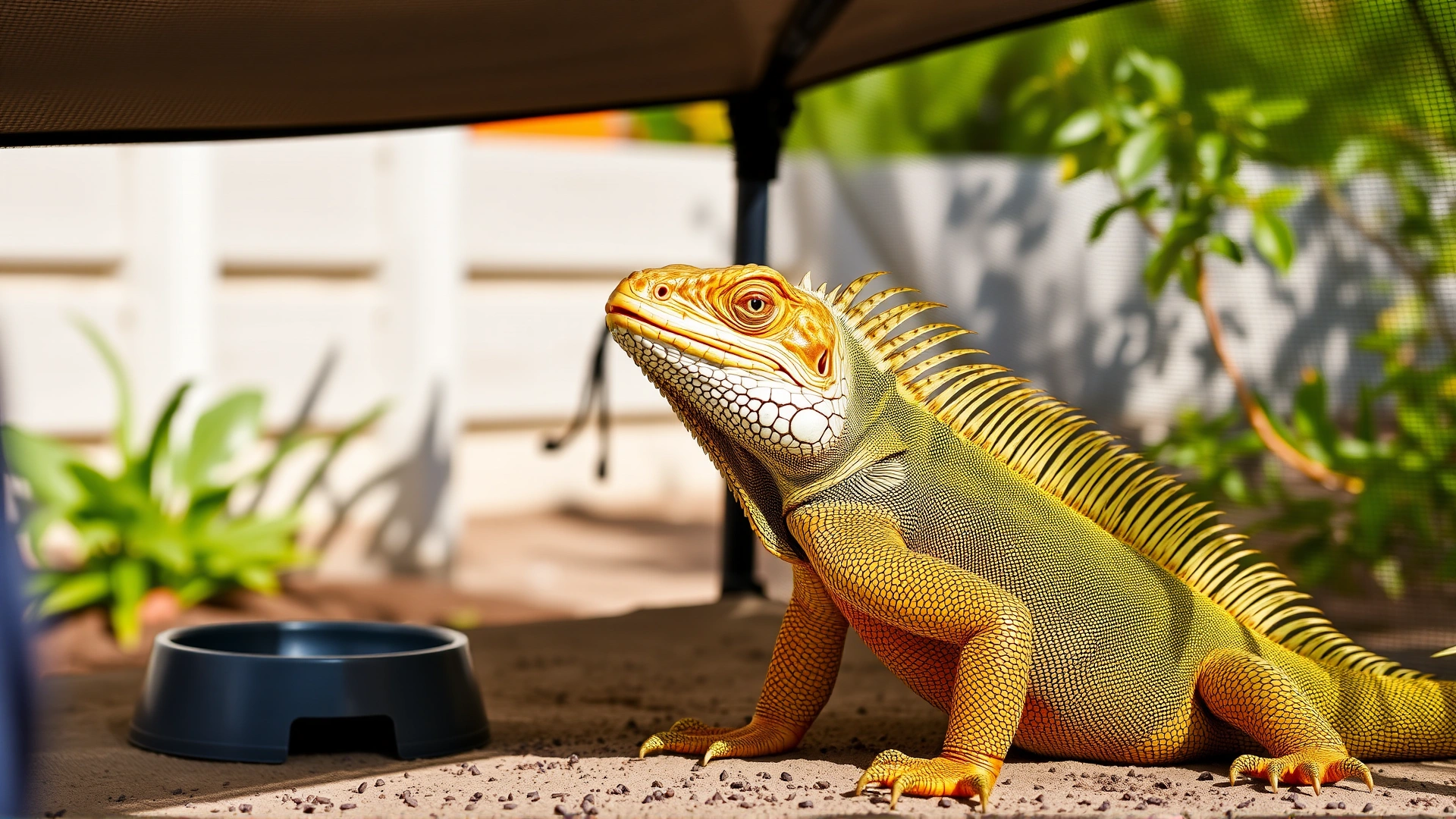 Iguana under a portable mesh sun shade outdoors with a water bowl nearby, demonstrating safe setup