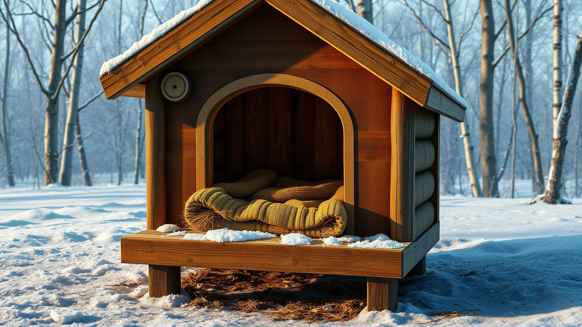 Well-insulated wooden dog house raised above snowy ground, with a thick blanket and straw bedding visible inside; winter trees around; no text