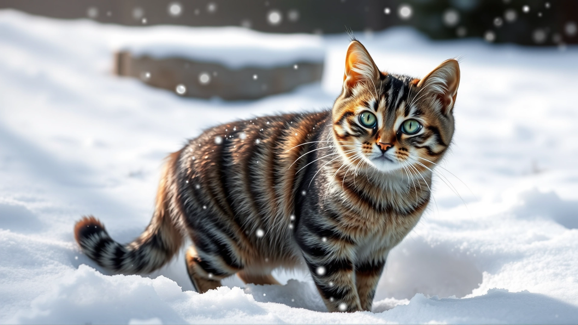 A curious tabby cat standing in shallow snow outside, with visible cold breath mist and lightly falling snowflakes (no text).
