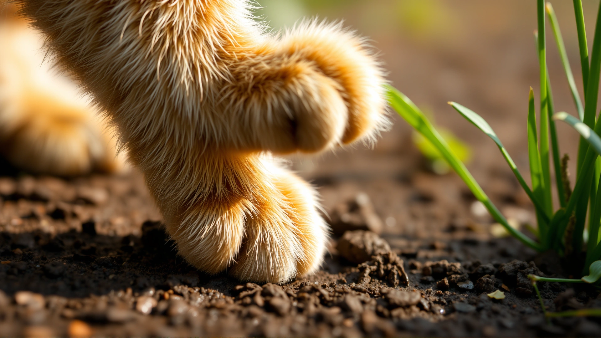 Macro photo of a cat paw stepping on moist garden soil, illustrating environmental exposure to parasites, natural lighting