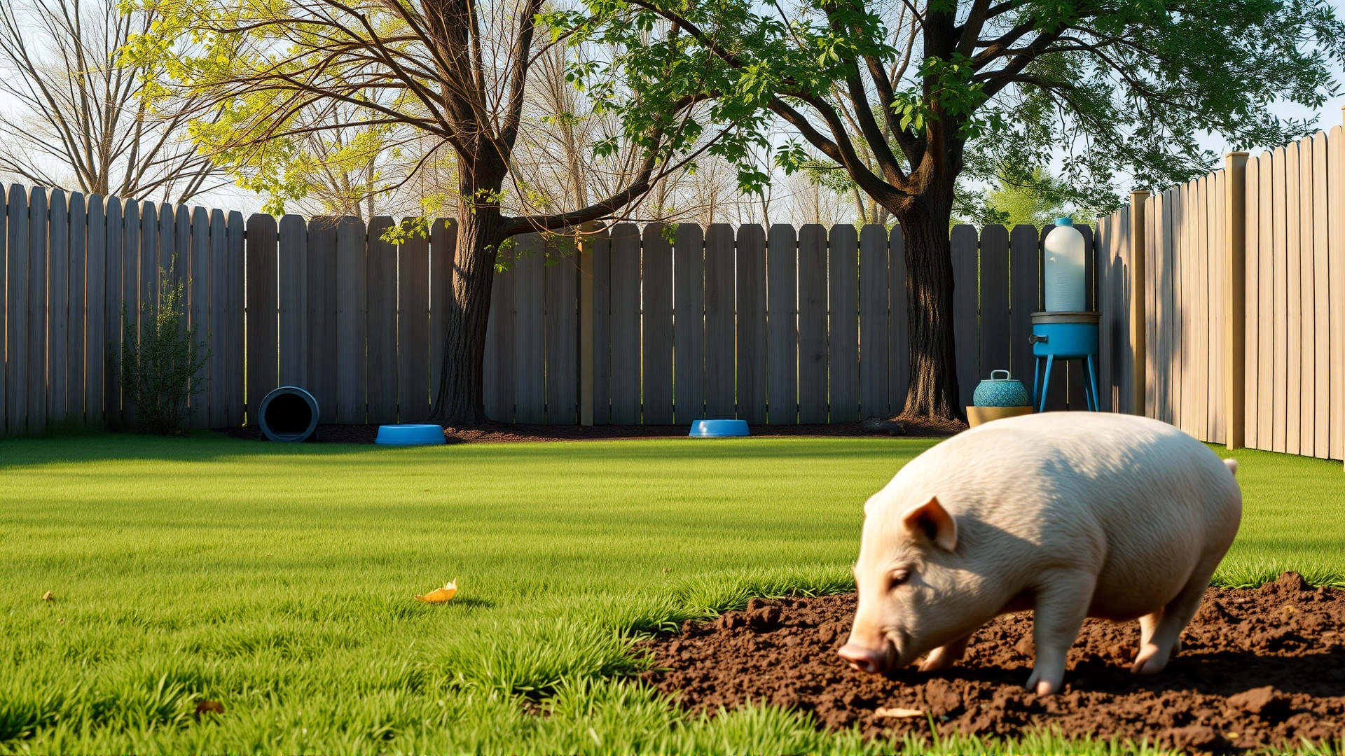 Spacious fenced backyard with a potbellied pig rooting in a soil patch, shade structure and water bowl visible.