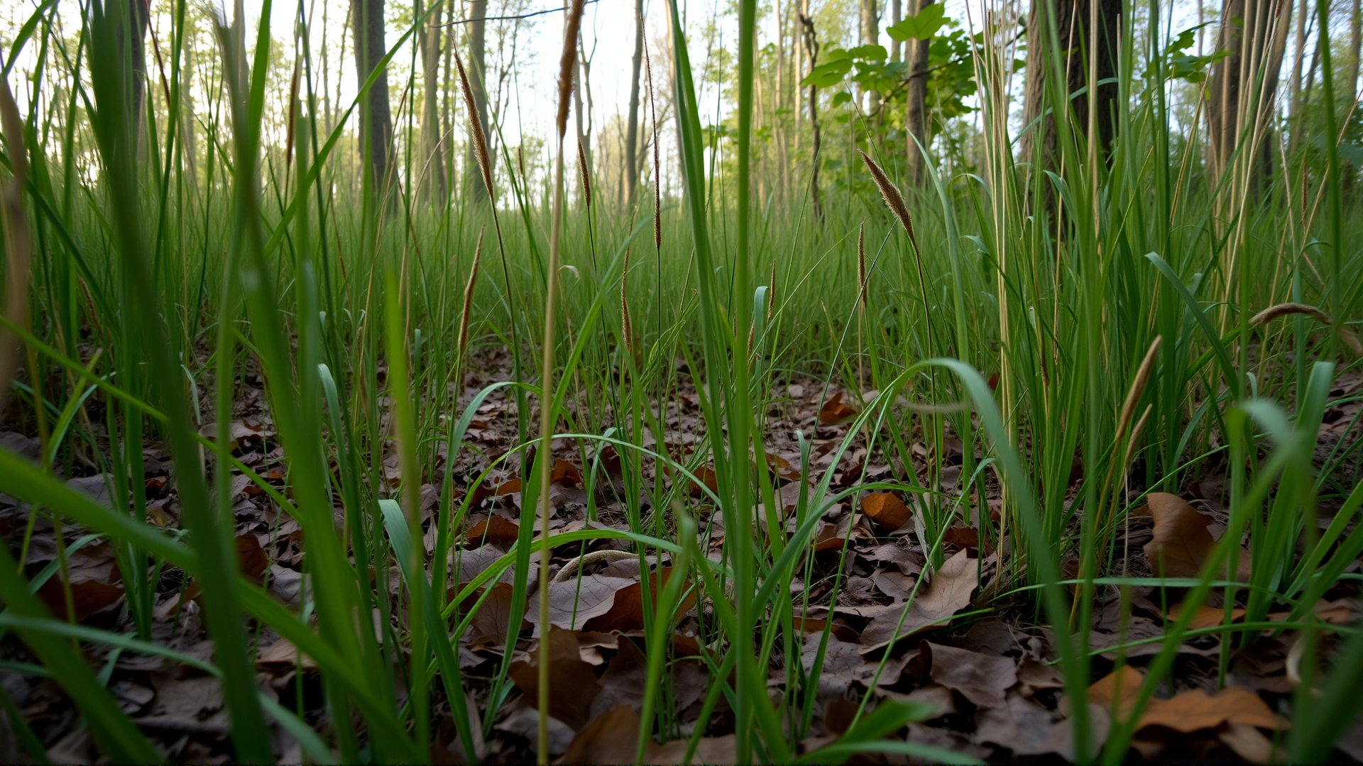 Wooded area with tall grass and leafy ground, captured at dog eye-level in early morning light, representing a natural tick habitat.