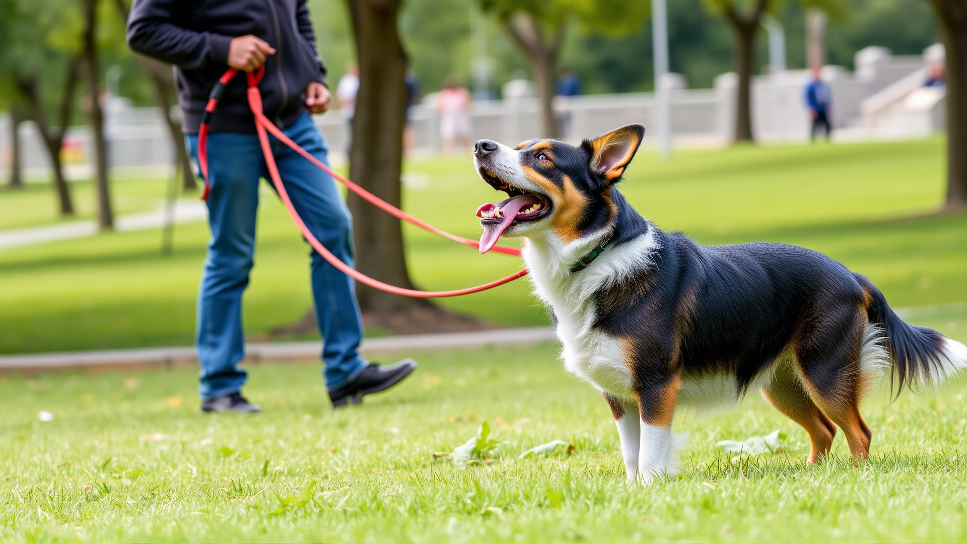 Happy dog responding to a recall in a public park with green grass and trees, owner visible in the background holding a long line.
