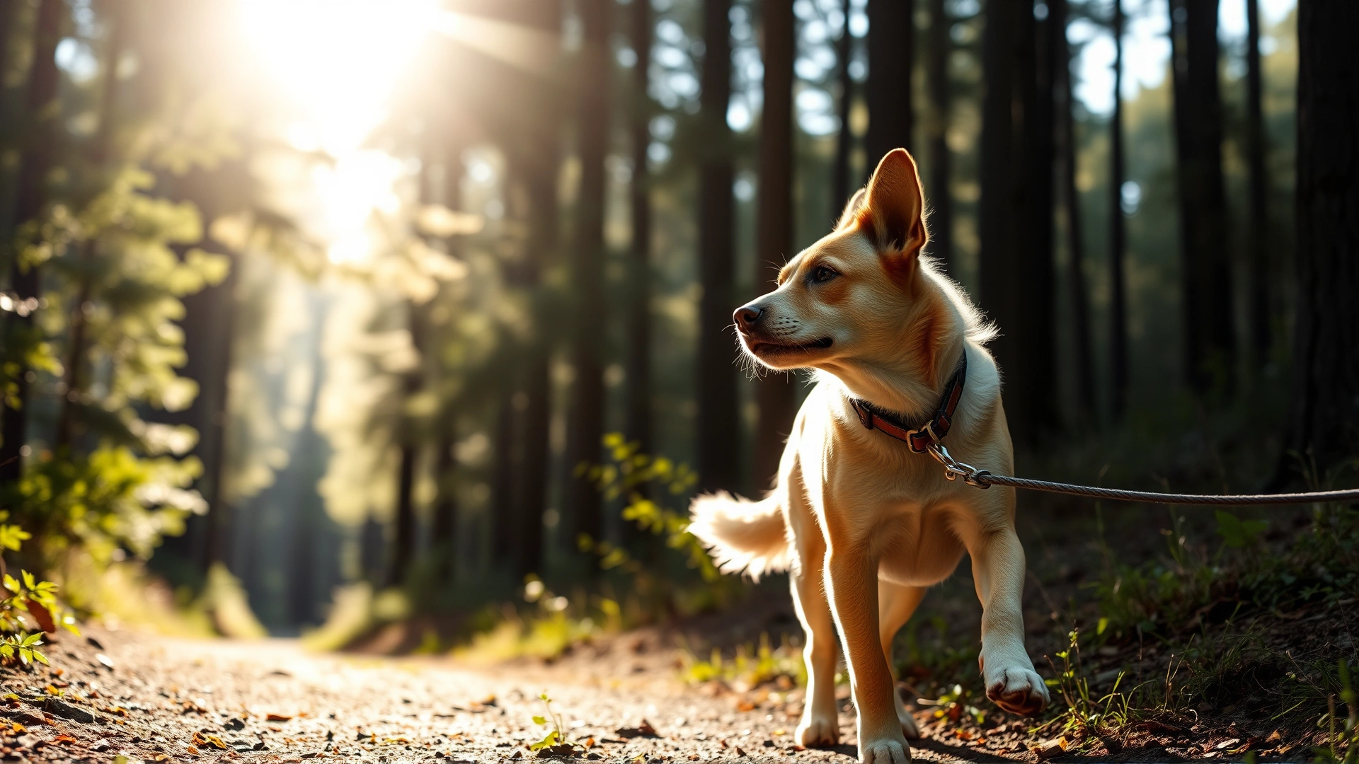 An 8-month-old medium-sized dog walking on a forest trail with a leash, sunlight filtering through the trees.