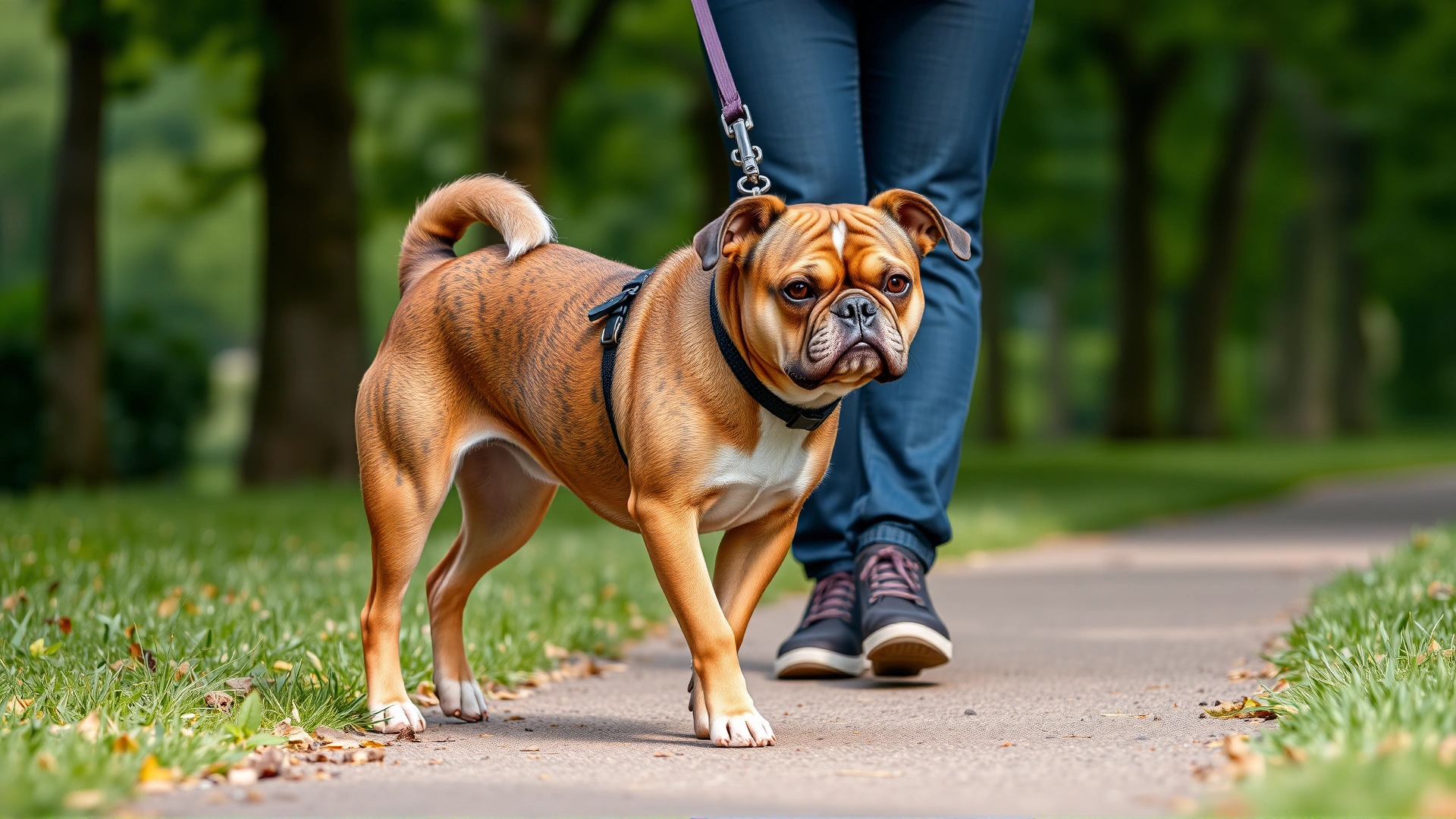 Blind dog on a short leash walking confidently next to its owner along a green park path