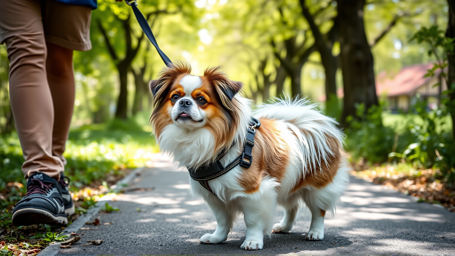 Owner walking a Japanese Chin with a harness along a shaded park pathway during spring, green foliage all around