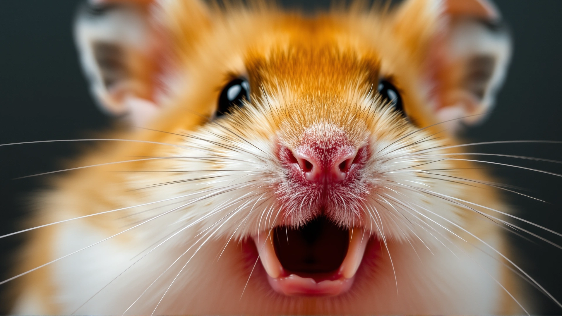 Macro photograph of a hamster with visibly overgrown incisors to illustrate dental problems.