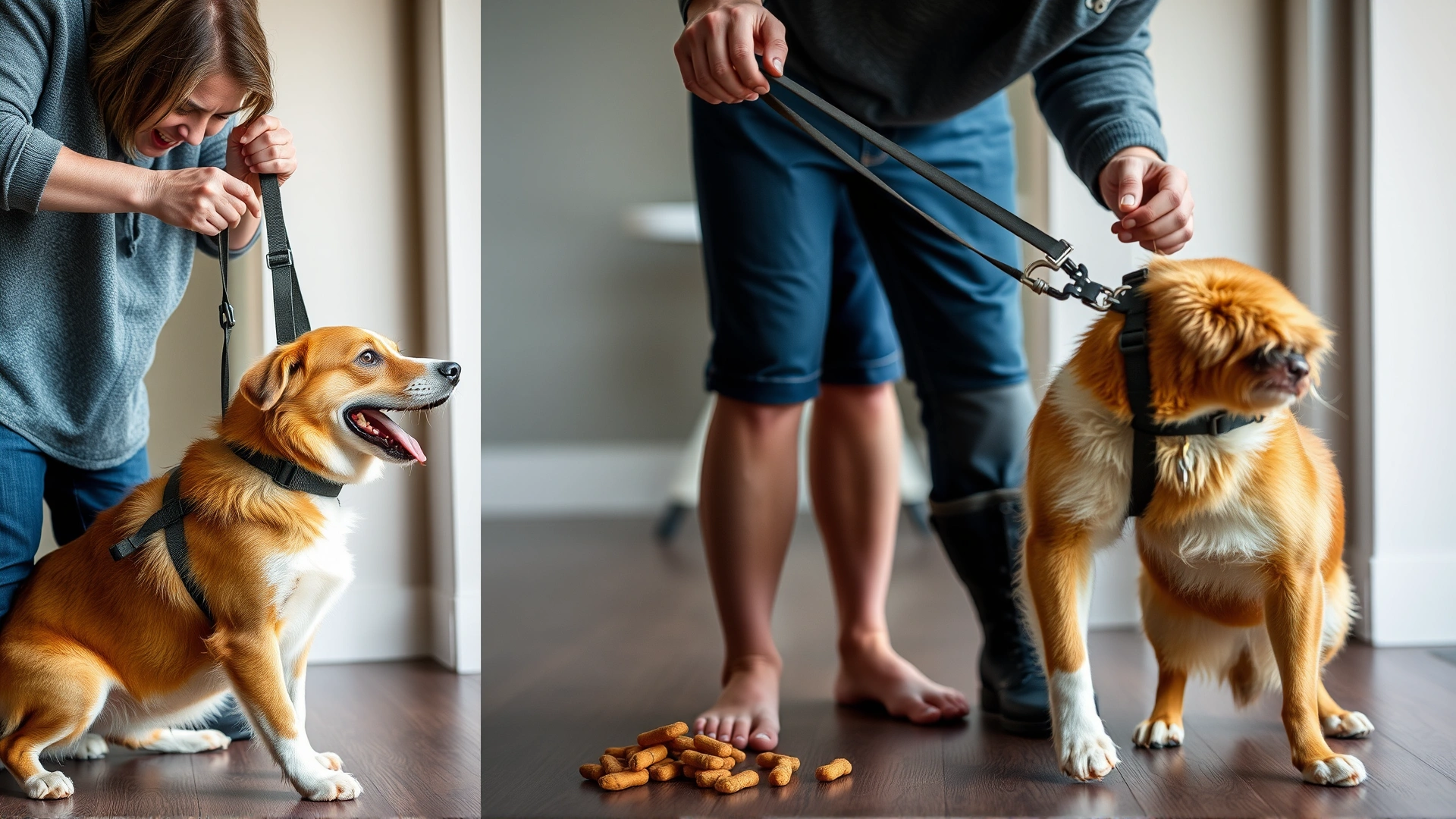 Step-by-step montage style image of an owner slipping an overhead harness on a dog, indoor setting with treats visible