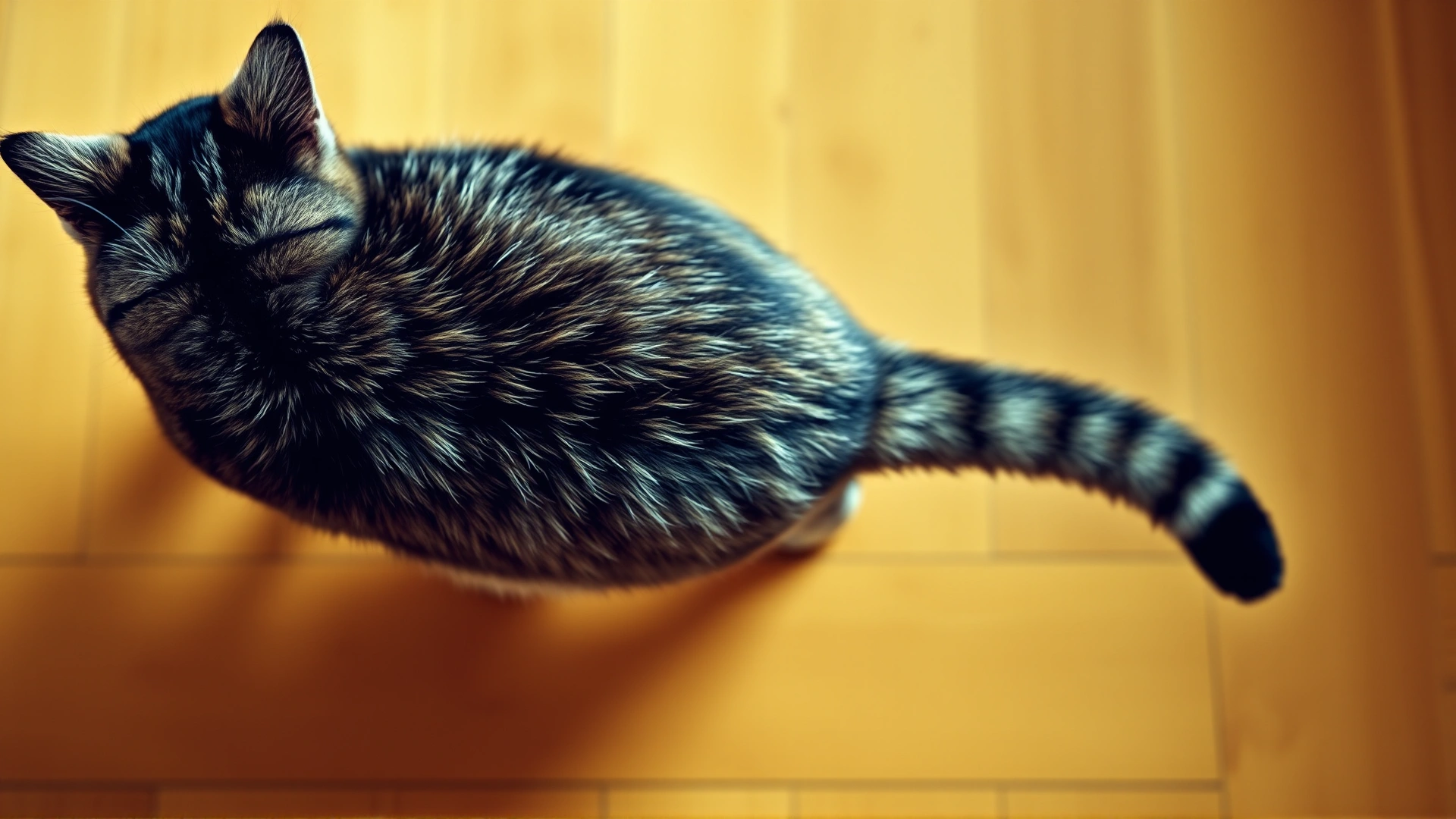 Top-down view of a fit adult tabby cat walking on a wooden floor, highlighting a defined waistline to contrast with obesity.
