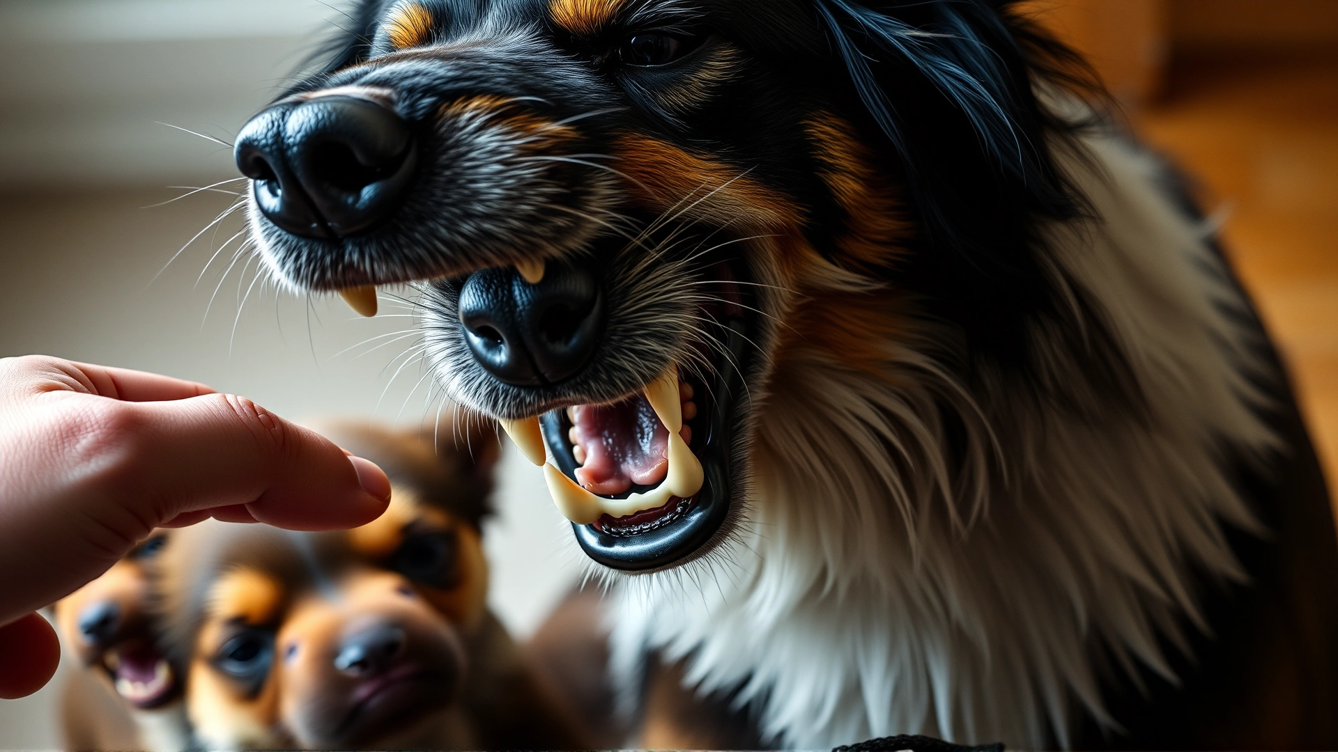 A mother dog baring her teeth defensively while a human hand cautiously approaches her puppies, depicting overprotective aggression.