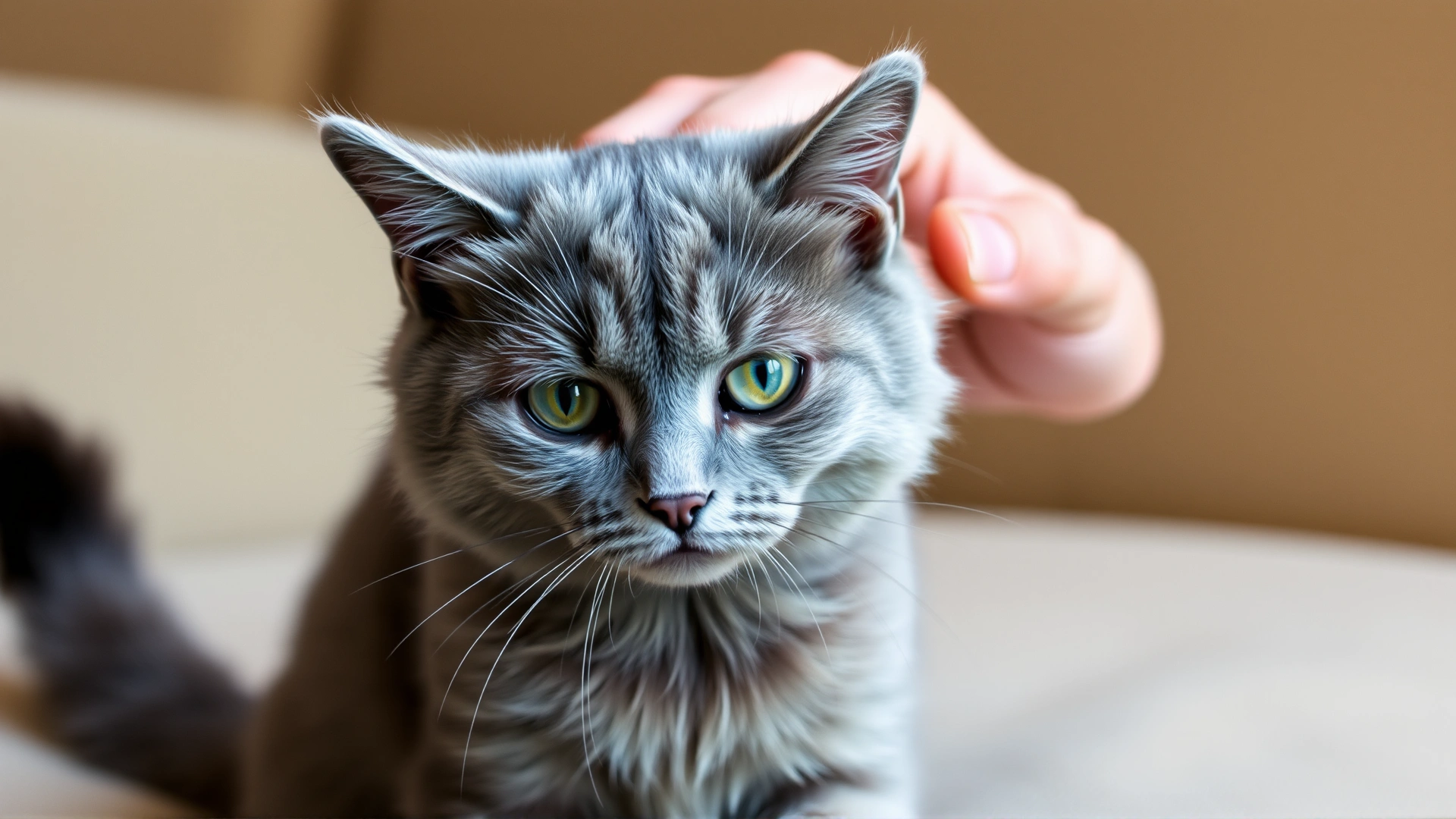 Short-haired gray cat with dilated pupils and thrashing tail looking slightly tense while being petted on a sofa.