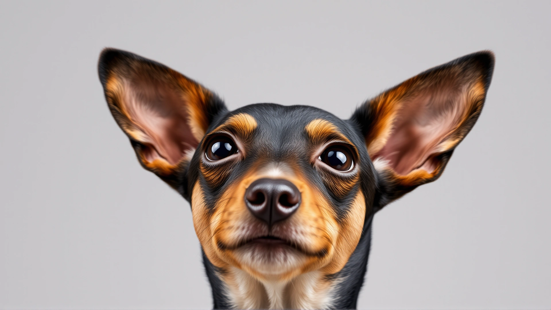 Close-up portrait of an alert Miniature Pinscher with erect ears sitting on a neutral-colored studio backdrop, high-resolution