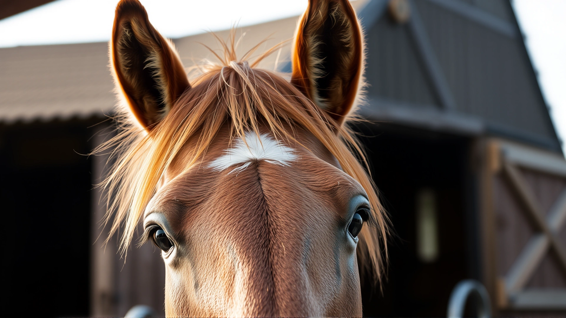 Close-up shot of a Gelderland horse's head with attentive ears and expressive eyes, shallow depth of field, barn background blurred.