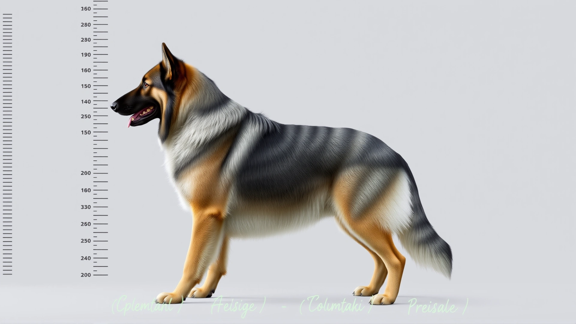 Profile shot of an adult Central Asian Shepherd Dog standing beside a height chart or a person for scale, illustrating its large size.