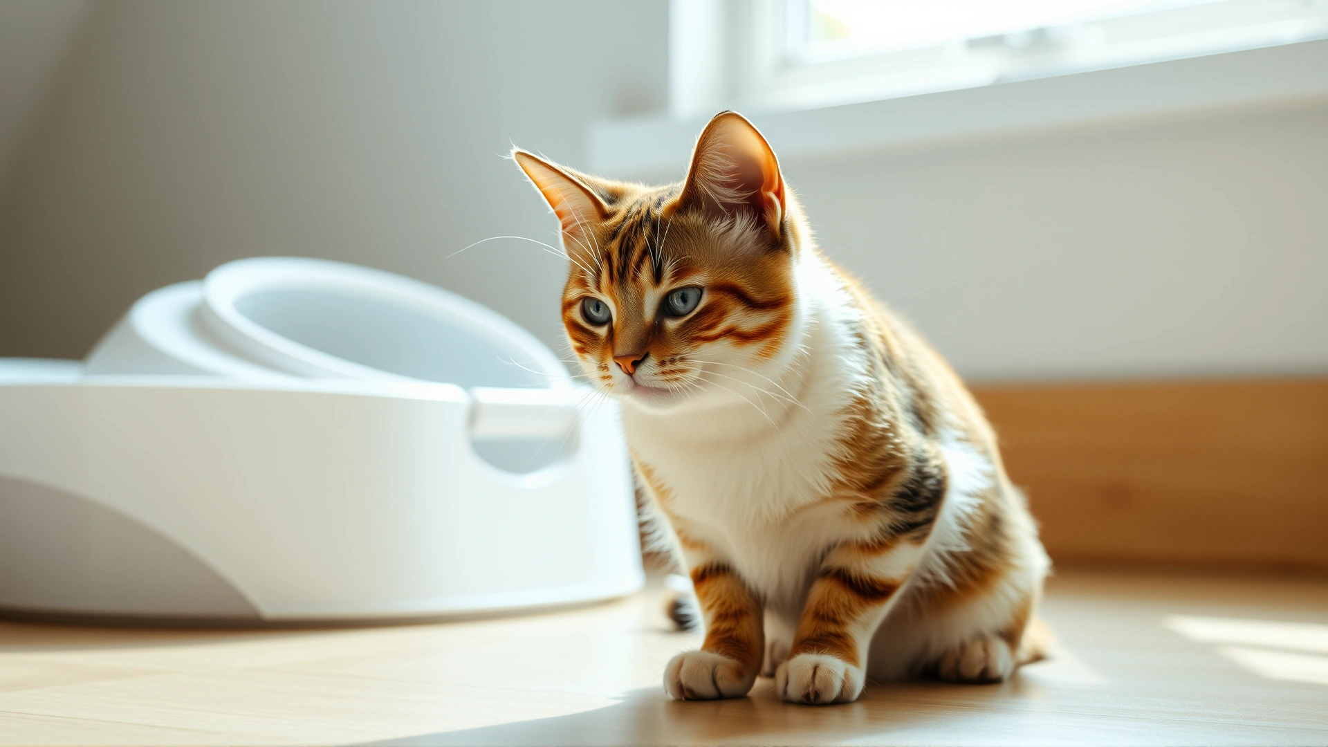Bright, high-resolution photo of a relaxed cat sitting near its litter box, with soft natural lighting, illustrating general urinary health.