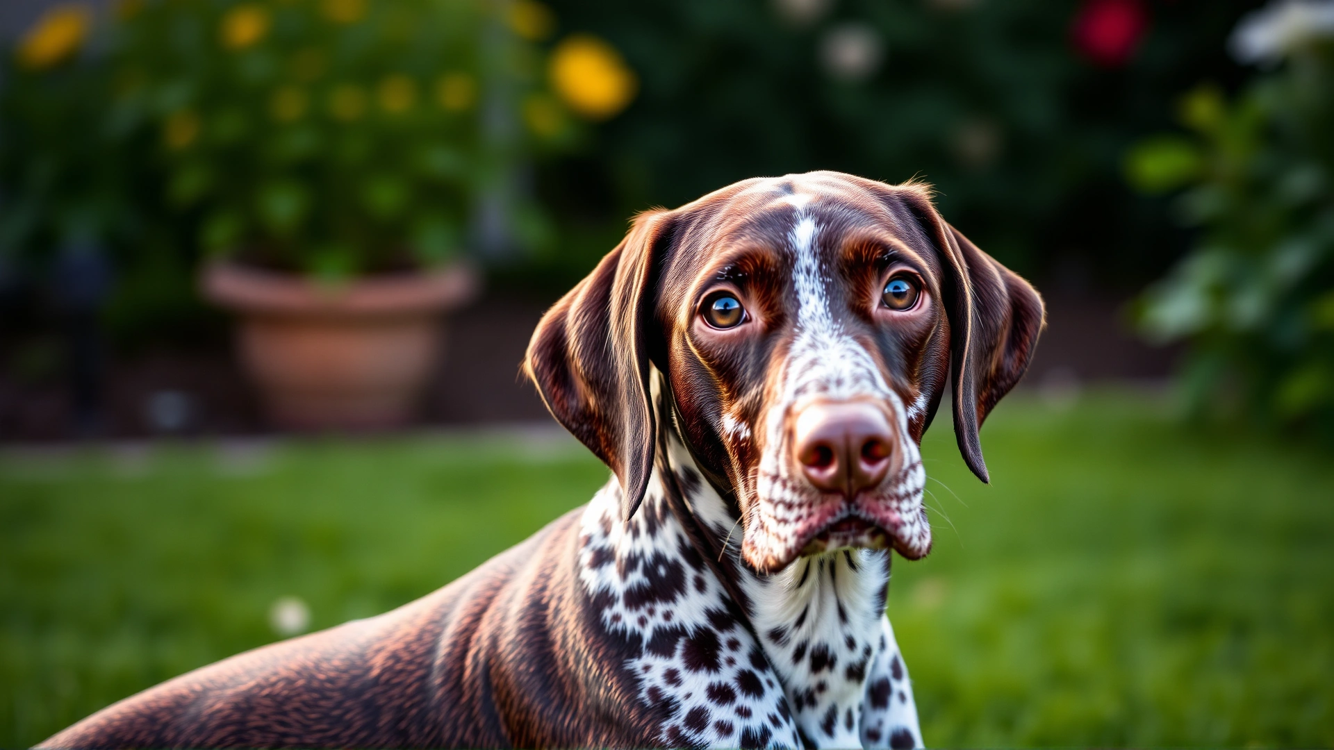 A close-up portrait of a German Shorthaired Pointer sitting attentively in a garden, showing its expressive eyes and speckled liver-and-white coat with soft natural lighting.