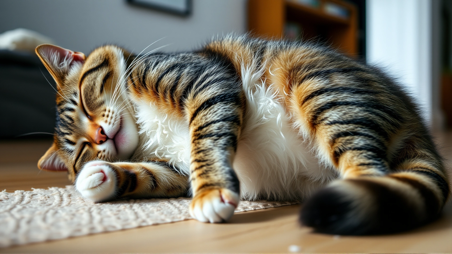 Overweight tabby cat lying on its side unable to reach its back while grooming, indoor setting
