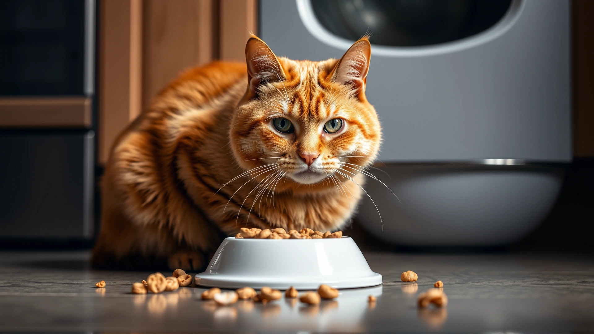 Slightly overweight orange tabby cat sitting beside an overflowing food bowl on a kitchen floor.