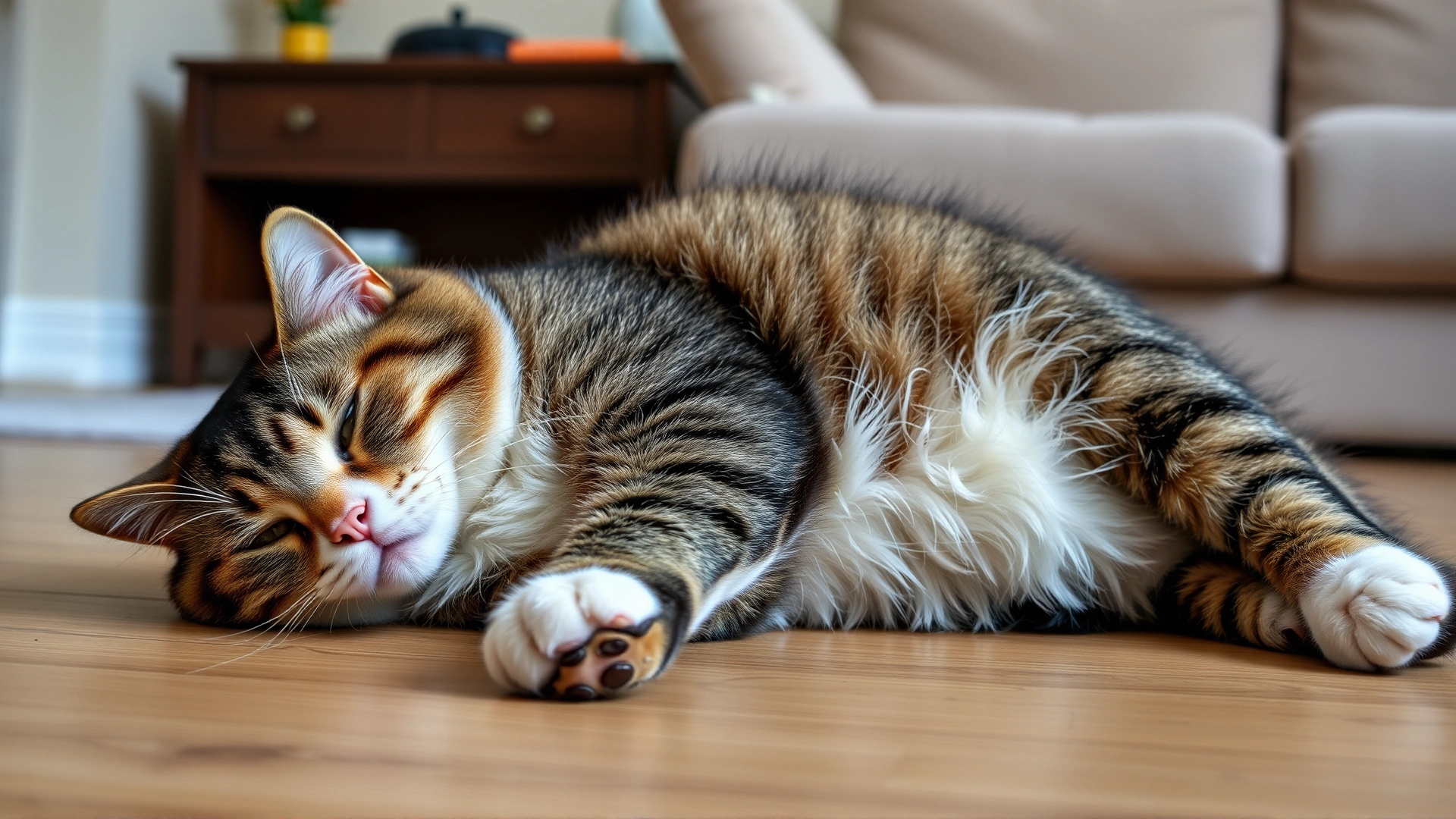 Overweight domestic shorthair cat lying on its side on a living-room floor looking lethargic, illustrating weight gain, natural home lighting, no text