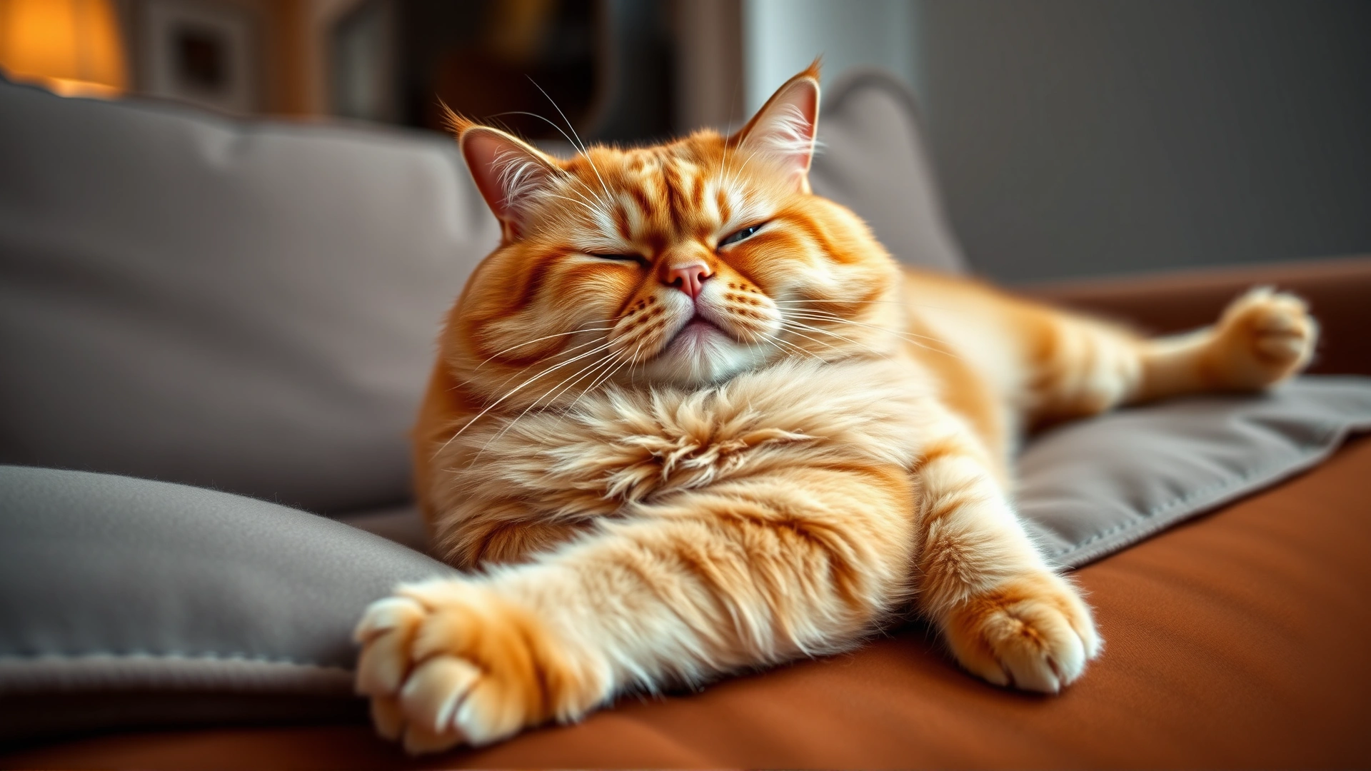 Overweight orange cat lounging on a sofa, belly slightly protruding to represent weight issues; warm indoor lighting.
