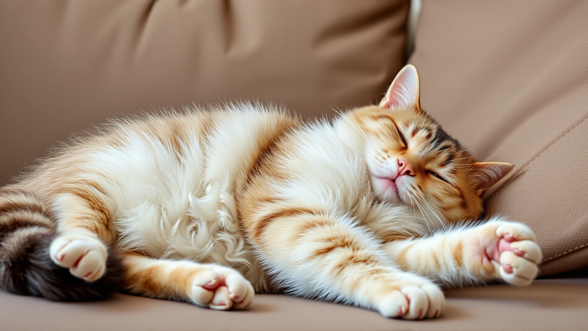 Overweight domestic short-haired cat lounging lazily on a couch, emphasis on body size to illustrate feline obesity.