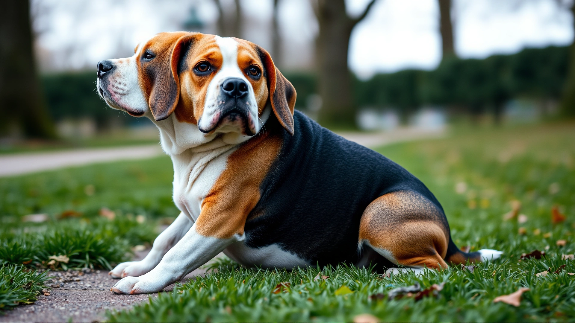 Overweight Beagle sitting on a grassy park path with a slightly protruding belly