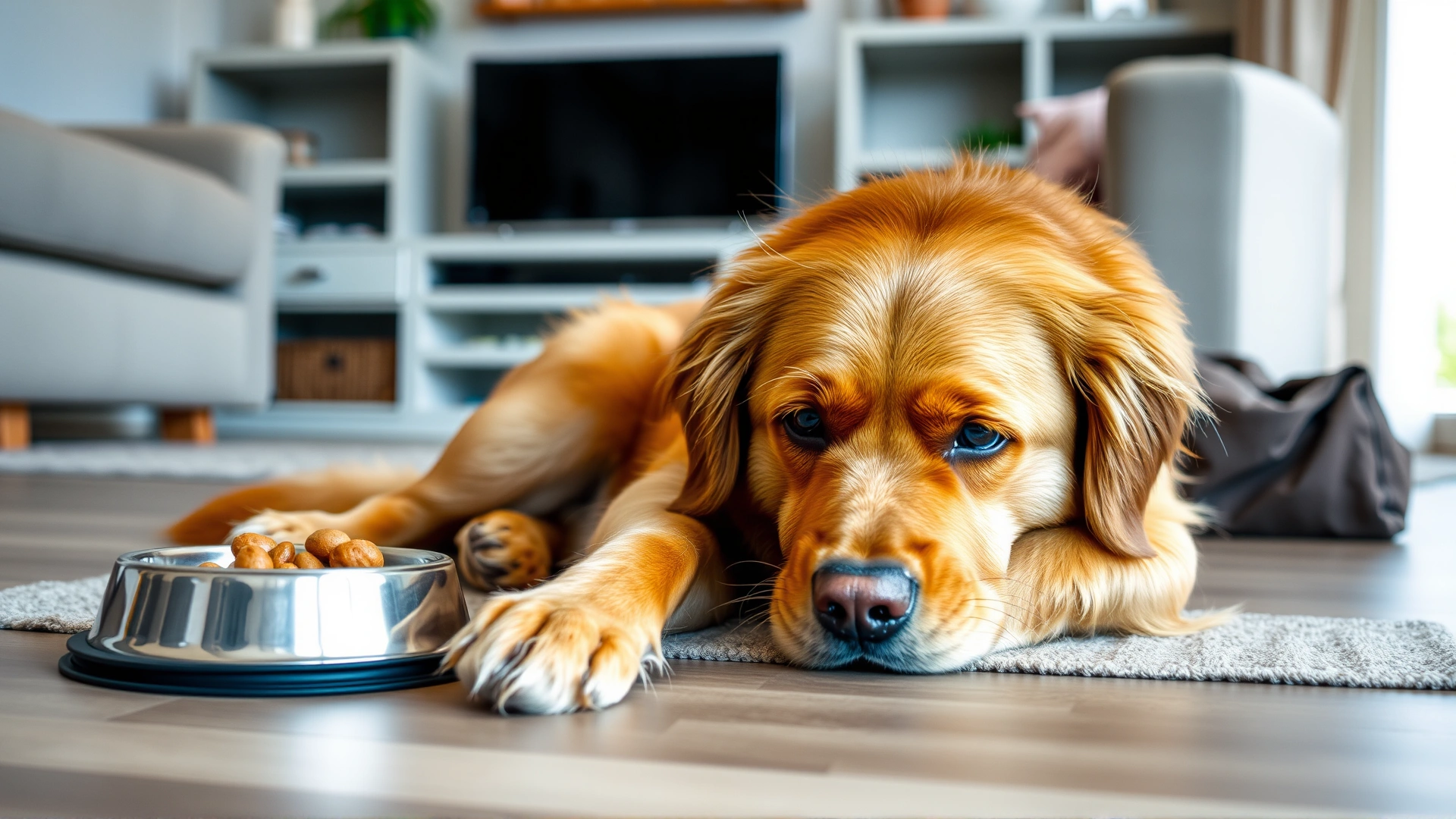 An overweight golden retriever lying on the living-room floor looking at its food bowl, highlighting the issue of canine obesity.