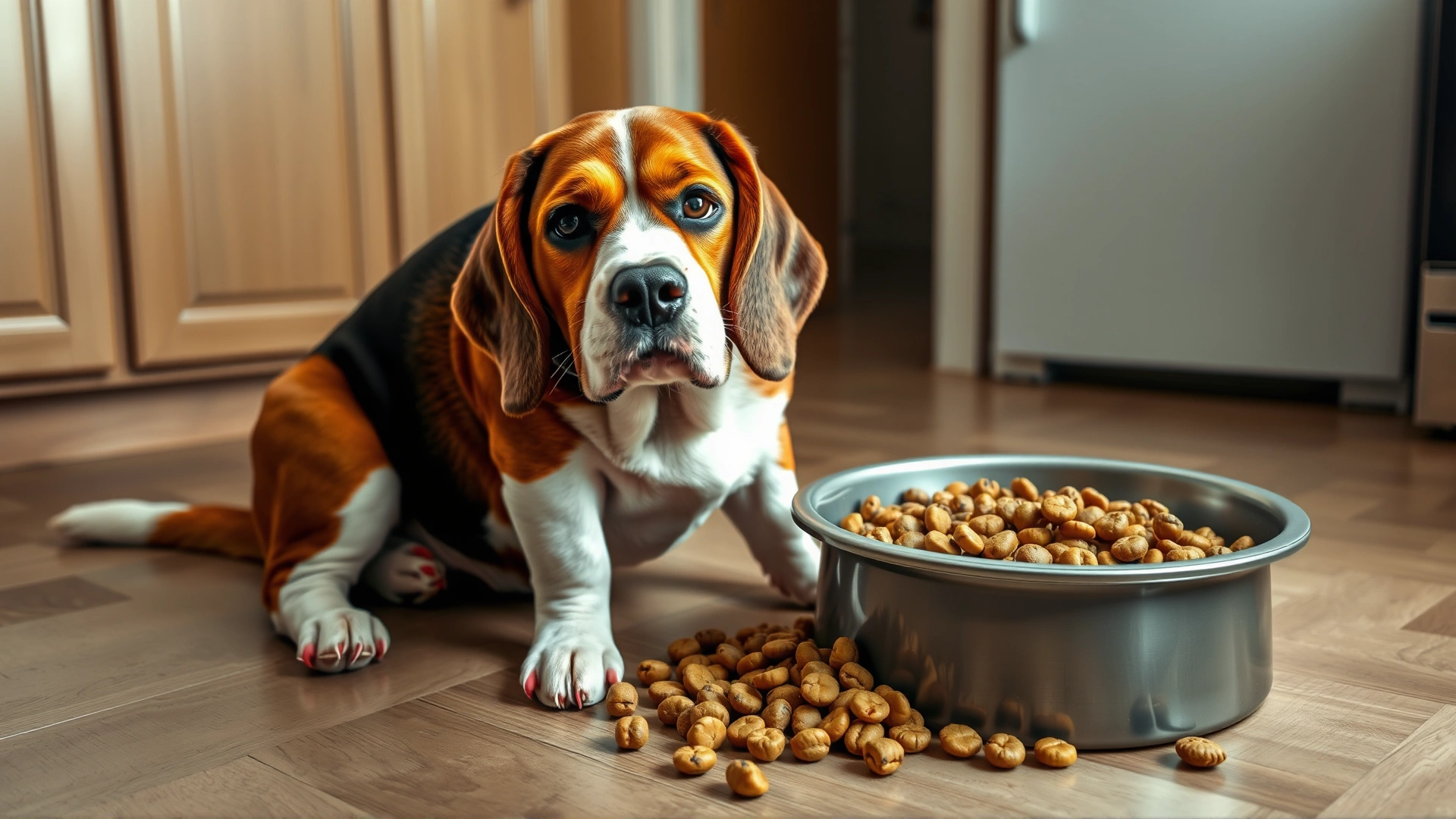 An overweight beagle sitting next to a bowl overflowing with kibble on a kitchen floor, highlighting obesity.