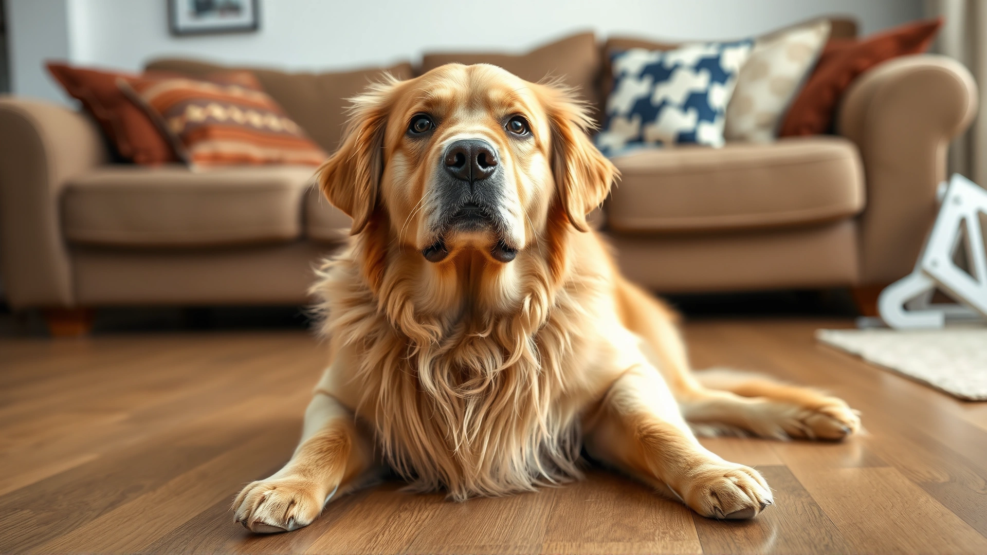Portrait of an overweight golden retriever sitting with visible belly fat on a living-room floor, looking up at the camera.