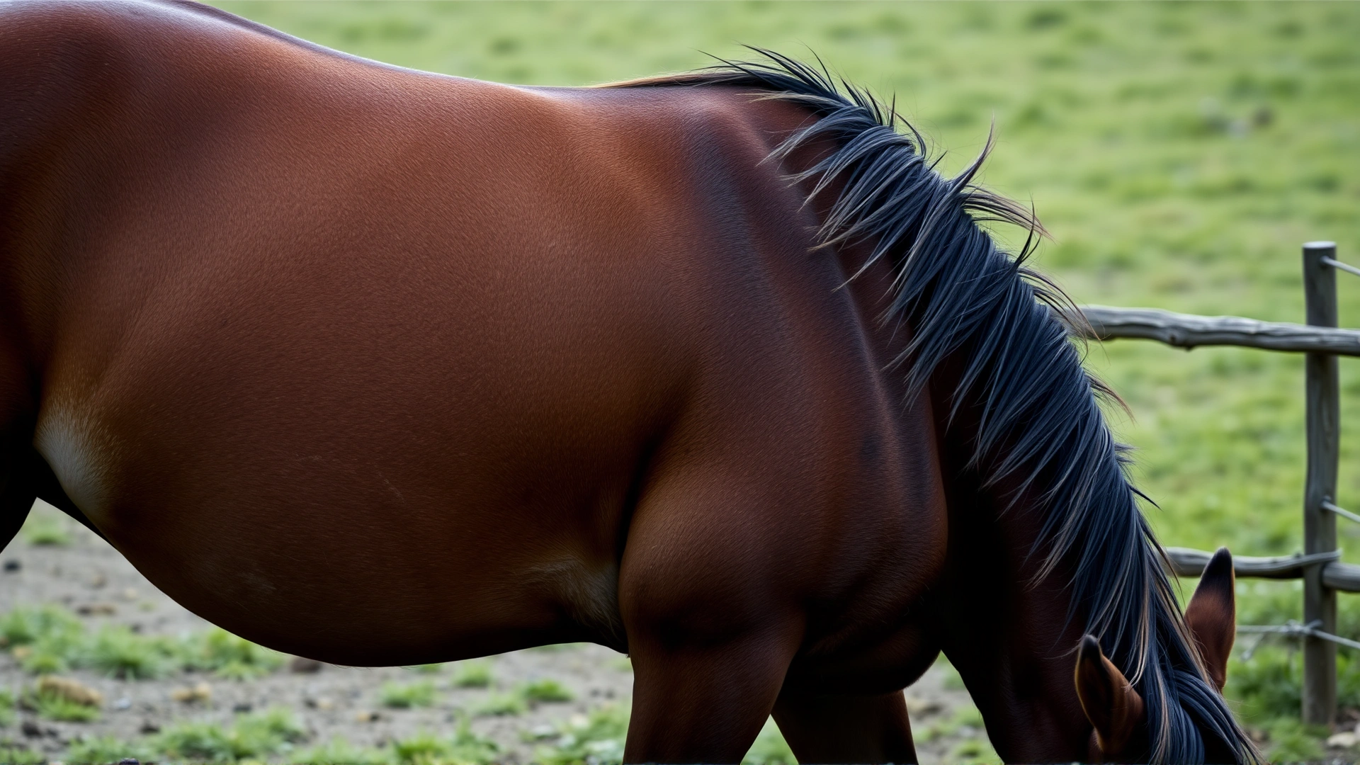 Image of an overweight horse with clear fat deposits around neck and tailhead, grazing in a pasture.