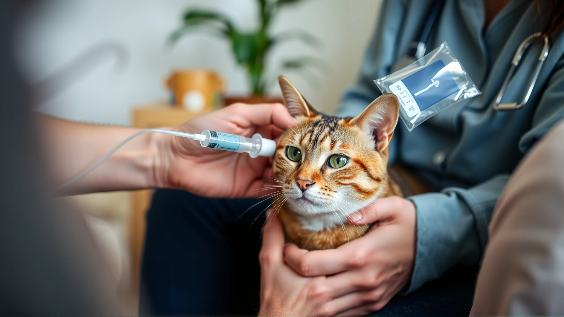 Cat owner gently administering subcutaneous fluids to a calm cat at home, cozy environment, showing hands, IV bag slightly blurred, no text.